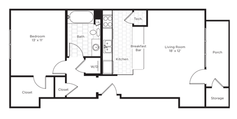 Floor plan for 1 bed, 1 bath, 751 sqft
